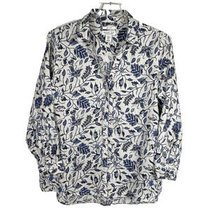 Rachel Zoe 100% Linen Tunic Top Women XL Blue Ivory Floral Roll Tab Boho Beach